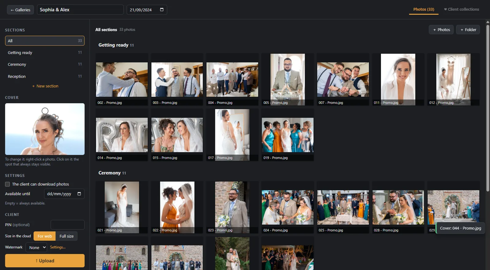 Galerie client en sections, modifiée dans l’application