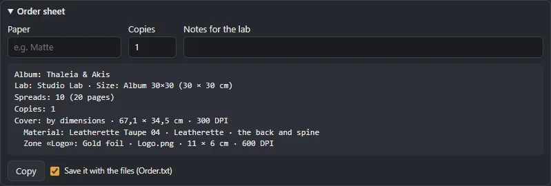 Bon de commande pour le labo rédigé par le logiciel de mise en page d’album