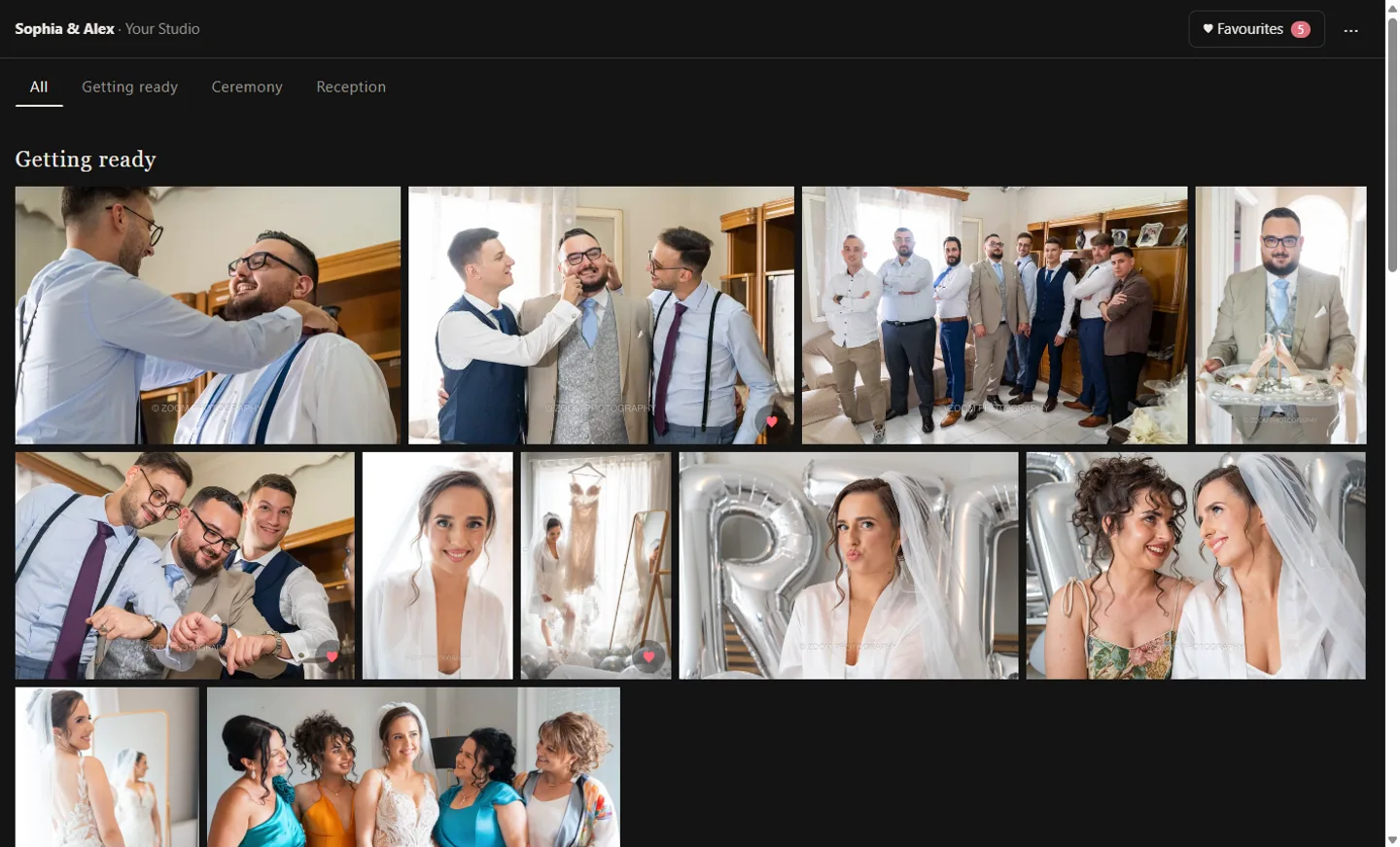 A wedding gallery in sections with favourites